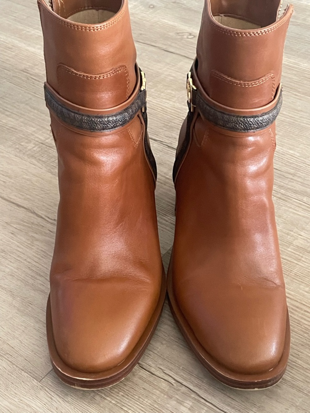 Michael Kors Cognac Leather Ankle Boots with Logo Harness - Picture 2 of 8